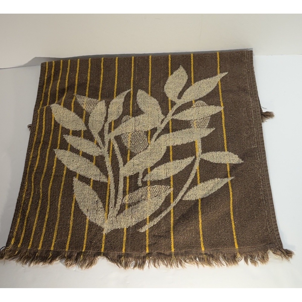VTG Bath Hand Towel‎ Steel Brown Leaf Stripe Fringe Retro Cannon Monticello